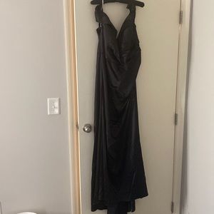 Black satin off the shoulder dress